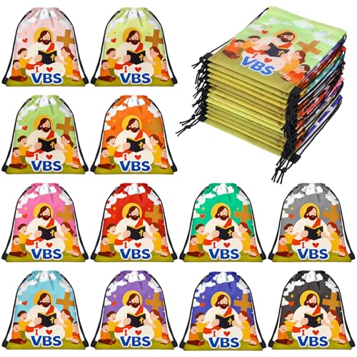 24 Pack I Love VBS Drawstring Bags Bulk Christian Theme Cinch Sack Backpack with Jesus Print Gift Bag for Church Events Vacation Bible School Gifts and Party Favor for Teacher School VBS