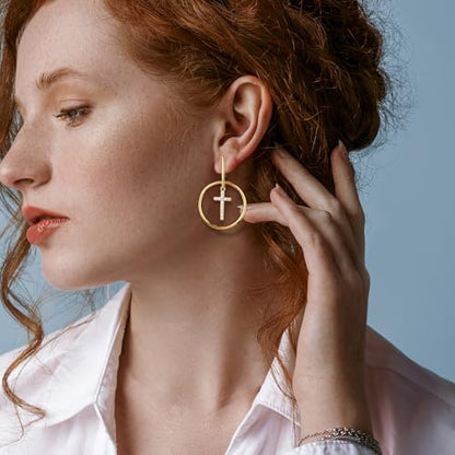 18K Gold Plated Hoop Earrings for Women, NICKEL-FREE & HYPOALLERGENIC, Timeless Jewelry Gift - color: Gold-cross