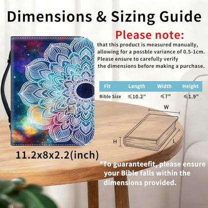 Bible Cover for Women Large PU Leather Zippered Bible Case with Handle and Galaxy Mandala Design, Christian Bible Cover for Girls & Women, Cover Fits Standard 9.5"x7.5"x2.3" Bible - color: Galaxy Mandala