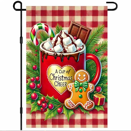 BlissYard Christmas Hot Cocoa Garden Flag 12x18 Double Sided Gingerbread Candy Cane Holly Berry A Cup of Christmas Cheer Yard Flag Winter Outdoor Garden Decor Holiday Lawn Porch Patio Seasonal Banner - color: Candy Cane