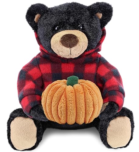 DolliBu Red Plaid Hoodie Black Bear Stuffed Animal with Pumpkin - 10 Inches