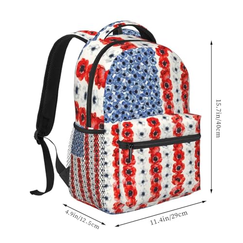 Giwawa Patriotic Floral Backpack for Girls Ages 4-12 American Flag Boys Backpacks for Elementary 1st 2nd 3rd 4th 5th Grade Kids School Book Bags Red White Blue Poppy - color: Patriotic Floral