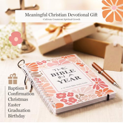 Spiral Bible in a Year 52-Week Bible Study Guide Journal for Women Beginner - color: Pink Floral Bible in a Year (Thematic Devotional)