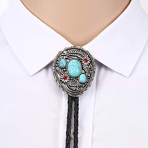 bolo tie for man,handmade western cowboy alloy natural mix Leather Bolo Tie - color: Leaf Turquoise Bolo Tie