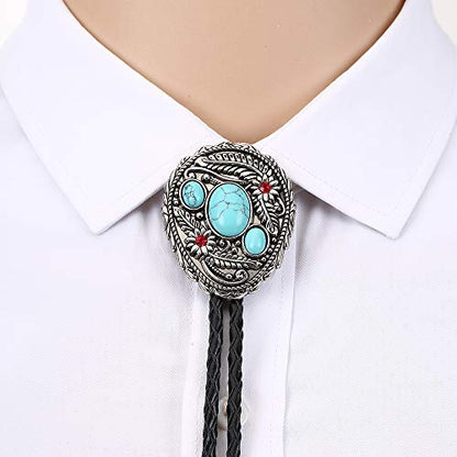 bolo tie for man,handmade western cowboy alloy natural mix Leather Bolo Tie - color: Leaf Turquoise Bolo Tie