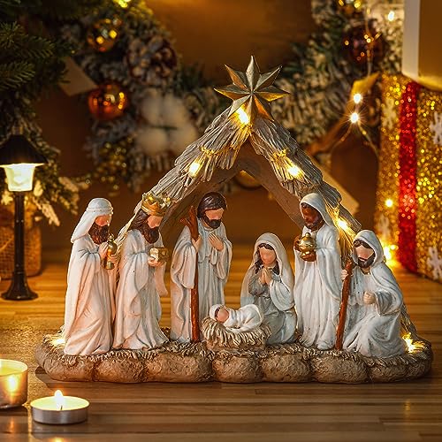 Nativity Scene with LED String Lights, Christmas Nativity Set Tabletop Decoration First Christmas Story Resin Figure Holy Family Manger Lighted Sculpted Hand Painted Figurine for Xmas Indoor Decor