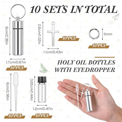 Tandefio 10 Sets Anointing Oil Bottle Keychain Vial for Baptism, Silver - color: Silver