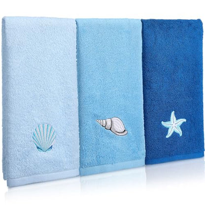 SmoothNovelty 3 Pcs Blue Coastal Hand Towels Cotton Bathroom 13.3" x 29.5" - color: Ocean, size: 13.3 x 29.5 inches