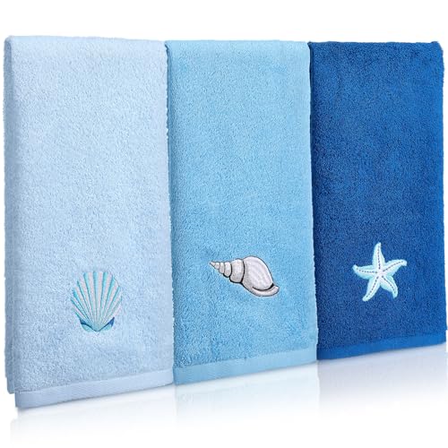 SmoothNovelty 3 Pcs Blue Coastal Hand Towels Cotton Bathroom 13.3" x 29.5" - color: Ocean, size: 13.3 x 29.5 inches