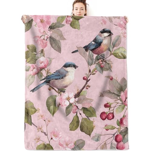 Bird Floral Flannel Blanket Gifts for Nature Lover,60x50inch,Red Berry and Cherry Blossom Throw Blankets with Pink Background,For Bedroom,Sofa,Living Room,Camping Home Decor Throws - color: Bird, size: 60x50 Inch