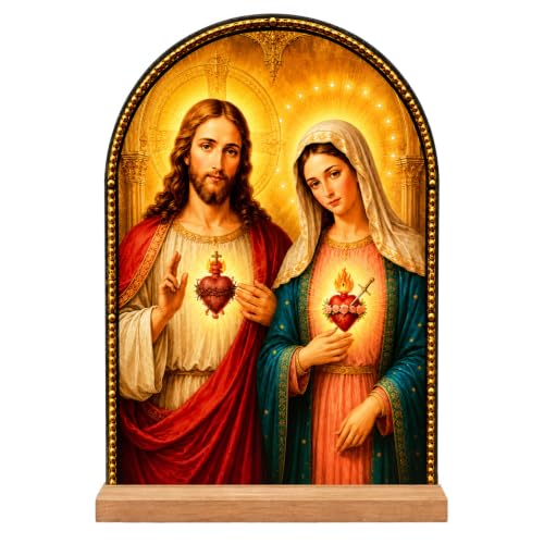TALPGOD Sacred Heart of Jesus Stand Catholic Ornament Statue – Immaculate Heart of Mary Statue Acrylic Tabletop Décor for Home Altar & Desk,Christian Art Gifts for Women,Religious Prayer Room Decor - color: Jesus Mary