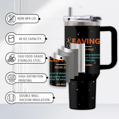 Leaving 40oz Tumbler, with Handle & Straw, Insulated Coffee Cup - color: Leaving
