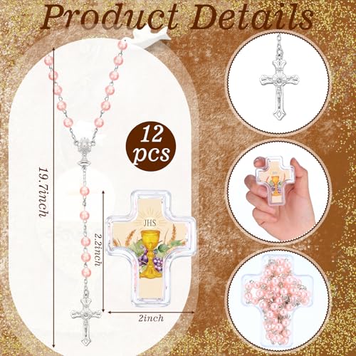 12 Set Saint St Jude Baptism Favor Bead Rosary Cross Necklace, Pink - color: Pink