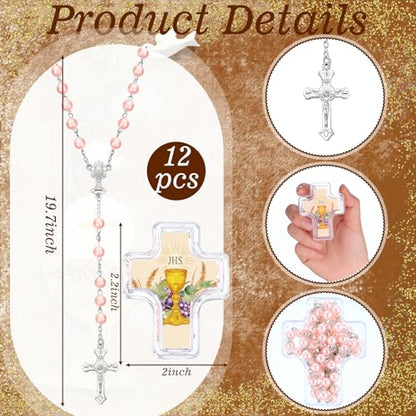 12 Set Saint St Jude Baptism Favor Bead Rosary Cross Necklace, Pink - color: Pink