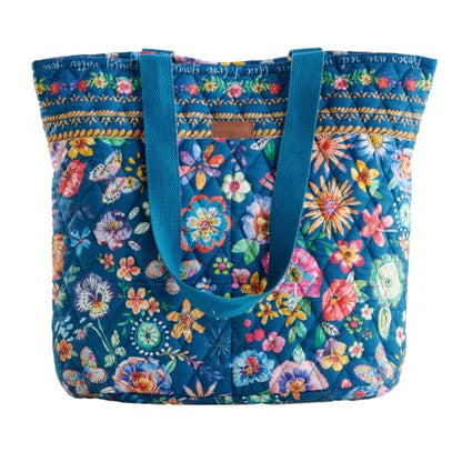 Maison d' Hermine Shopping Bags Cotton Quilted Tote Bag with Zipper Pockets - color: 005 - Happy Florals - Blue