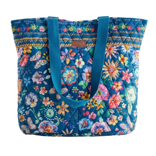 Maison d' Hermine Shopping Bags Cotton Quilted Tote Bag with Zipper Pockets - color: 005 - Happy Florals - Blue