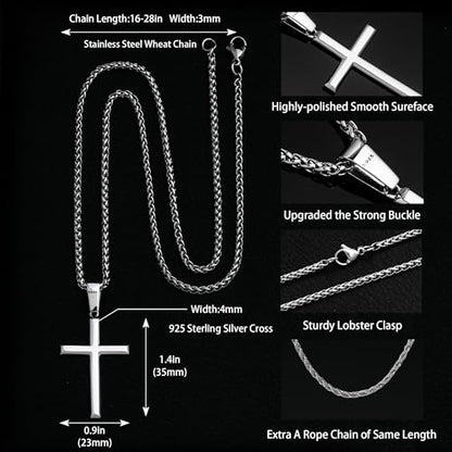 LOFITOR Mens Sterling Silver Cross Necklace for Women S925 Crucifix Pendant - size: 20 inches, style: Classic Cross Necklace
