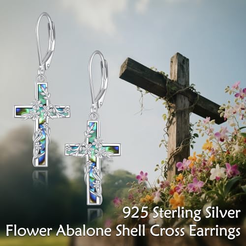 Flower Cross Earrings 925 Sterling Silver Cross Dangle Drop Leverback Religion Jewelry Birthday Gifts for Women