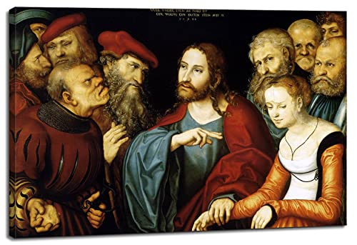 Canvas Print Wall Art - Jesus and The Woman Taken in Adultery, 1532 by Lucas Cranach The Elder - 18x12 inches - color: Jesus and the Woman Taken in Adultery, size: 18"L x 12"W