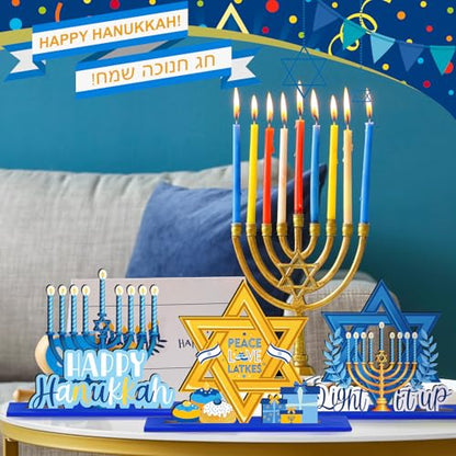Shellwei 6 Pcs Hanukkah Table Decorations Hanukkah Wooden Table Sign Happy Hanukkah Table Centerpiece Gnome Menorah Hexagram Wooden Signs for Chanukah Home Table Tier Tray Party Decor - style: Hanukkah Style