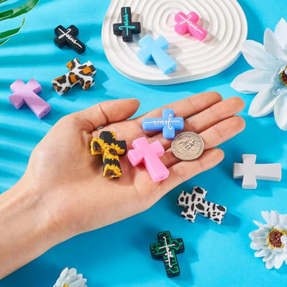 Beadthoven 12pcs Cross Silicone Focal Beads for Pens Leopard Printed Jesus Faith Cross Silicone Rubber Beads for Keychain Beadable Pens Jewelry Bracelets Making DIY Crafts - color: Crosses 12 Styles