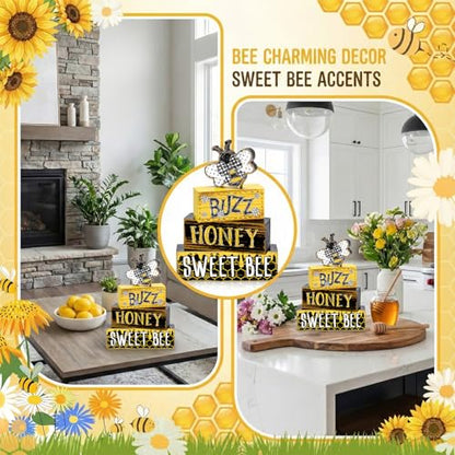 Britimes Tiered Tray Decor Set, 4 Pack, Wooden Table Sign, Daisy Farmhouse - style: Sweet Honey