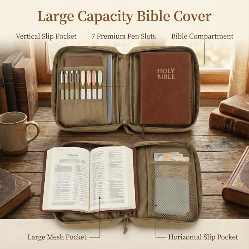 Tactical Bible Cover for Men, Large Bible Case with Shoulder Strap & US Flag Patch, Water Resistant Bible Carrier Bag with Handle, Multi Pockets for Church Study & Travel（Brown） - color: Brown