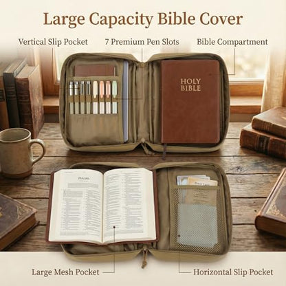 Tactical Bible Cover for Men, Large Bible Case with Shoulder Strap & US Flag Patch, Water Resistant Bible Carrier Bag with Handle, Multi Pockets for Church Study & Travel（Brown） - color: Brown