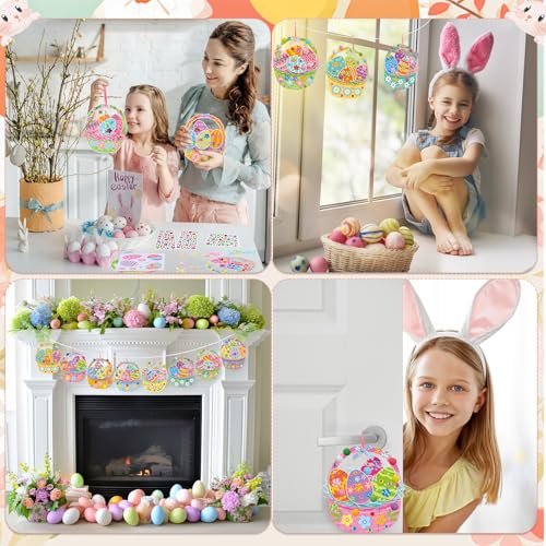 Funrous 48 Sets Crafts Kit Paper Crafts DIY Make Your Own Hanging Ornaments with Pompoms Diamond Stickers for Holiday Classroom Activities Party Favors, Easter Basket - style: Easter Basket