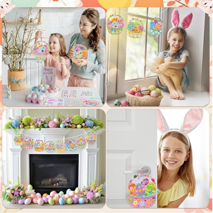 Funrous 48 Sets Crafts Kit Paper Crafts DIY Make Your Own Hanging Ornaments with Pompoms Diamond Stickers for Holiday Classroom Activities Party Favors, Easter Basket - style: Easter Basket