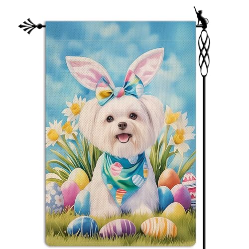Happy Easter Garden Flag Cute Puppy Garden Flag Dog Bunny Ear Vertical Double Sided Rustic Farmland Burlap Yard Lawn Outdoor Decor 12.5x18" - color: Happy Easter #WQ317
