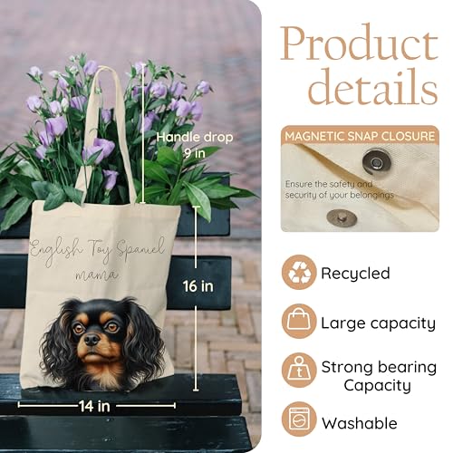 Dog Mom Canvas Tote Bag for Women, Reusable Cotton Shoulder Bag, Dog Lover Gift, Mother’s Day Pet Mom Shopping Tote - color: English Toy Spaniel
