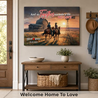 Ipplee Personalized Romantic Cowboy Couple on Horse Sunset Canvas Wall Art - color: Design20