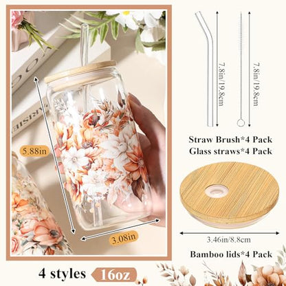 Mumufy 4 Pack Fall Flower Glass Cup, 16 oz Tumbler Mug with Bamboo Lid - style: Fall Flower