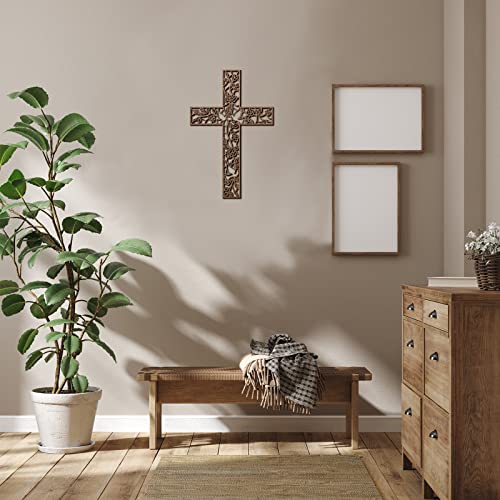 Yookeer Wooden Wall Hanging Cross Flower Pigeon Religious Living Room Decor