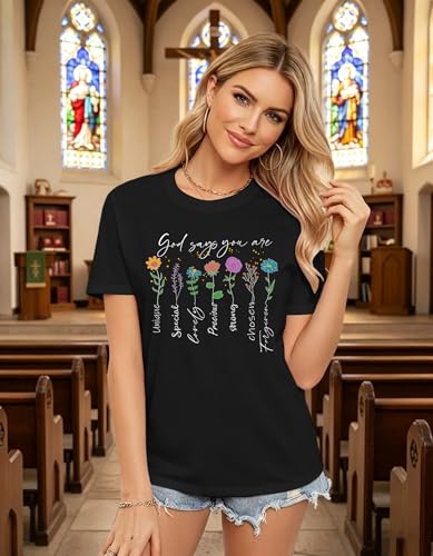Womens Christian Shirt Bible Verse T-Shirt Religious Gifts Florial Tee Tops - color: Black, size: Large