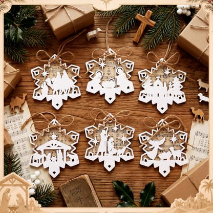 Shellwei 24 Pcs Christmas Ornament Bulk Wooden Nativity Scene Music Sheet - style: Snowflake