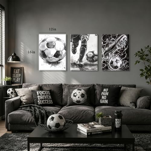 CXQILVER Soccer Canvas Wall Art Set of 3, Black and White Football Sports Wall Decor Modern Sports Theme Poster Prints for Stadium Boys Room Locker Room Living Room Bedroom Home Decor 12x16in Framed - color: Black and white football, size: 16"L x 12"W