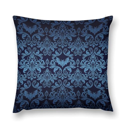 Blue Damask Gothic Vintage Throw Pillow Cover Antique Floral Victorian Goth Couch Sofa Pillowcases Bat Bats Skull Bone Bohemian Pillows Cushion Case for Farmhouse Bed Chair 18x18inch - color: Damaskblack-2
