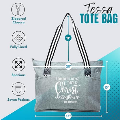 Brooke & Jess Designs Church Bags for Women - Bible Tote Bags for Women, Large Tote Bag for Womens with Zipper - color: Through Christ Gray Tessa