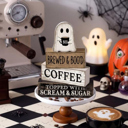 Lineshading 4 Pcs Halloween Ghost Blocks, Wooden Coffee Farmhouse Decor - style: Brewed & Boo'd Coffee