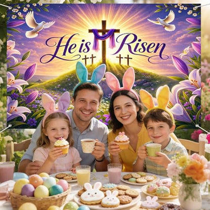 IVN He Is Risen Easter Banner 71x43 Inch Christian Resurrection Cross Lily - color: He Is Risen Cross Sunrise Christian Easter