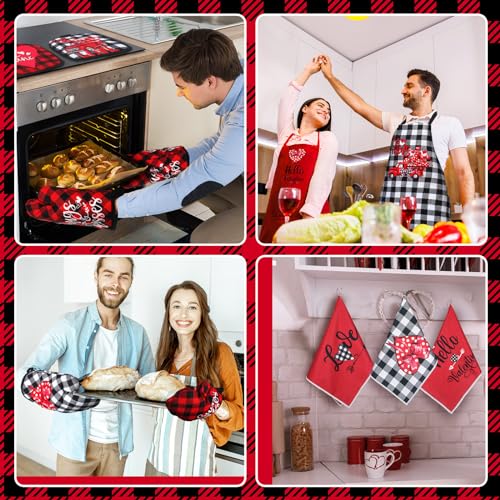 Newcotte 12 Pcs Valentine‘s Day Cooking Gift Sets for Couples Mr and Mrs Valentines Chef Apron Lovely Kitchen Towels Plaid Oven Mitt and Pot Holders Kitchen Accessories for Valentine‘s Day Gifts