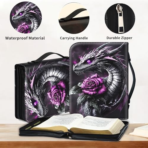 Bible Cover for Women Large PU Leather Zippered Bible Case with Handle and Black Dragon Rose Design, Christian Bible Cover for Girls & Women, Cover Fits Standard 9.5"x7.5"x2.3" Bible - color: Black Dragon Rose