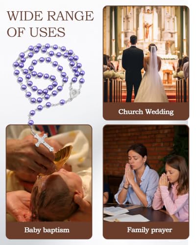 Rosary Beads for Women - Catholic Rosary Beads with Cross, Pink Crystal Rosary Necklace with Velvet Pouch, Religious Gifts for Women - color: Purple