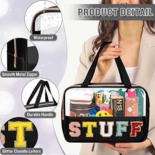 Chenille Letter Clear Makeup Bags Stuff Tote, Preppy Patch Makeup Bag Zipper with Handle, Waterproof PVC & Nylon Portable Glitter Large Cosmetic Travel Toiletry Storage for Women Girls(STUFF-Black) - color: STUFF-Black