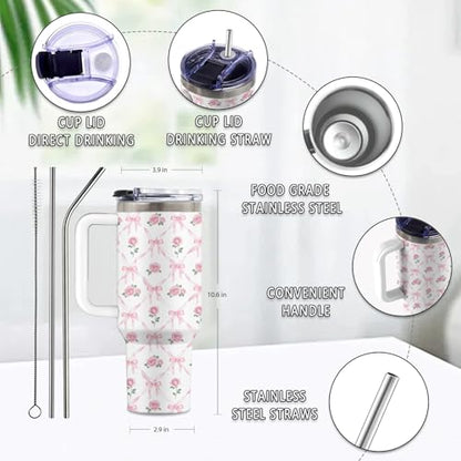 Bow Rose 40oz Tumbler, with Handle & Straw, Stainless Steel Cup - color: Bow Rose
