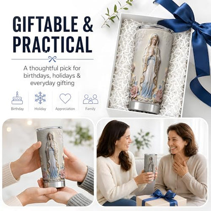 Virgin Mary White Statue Art 20oz Tumbler, Virgin Mary Tumbler for Daily Drinks, Blue Robe Rose Illustration, Catholic Devotional Cup, Religious Design for Women, Men, and Church Use (Steel) - color: Steel