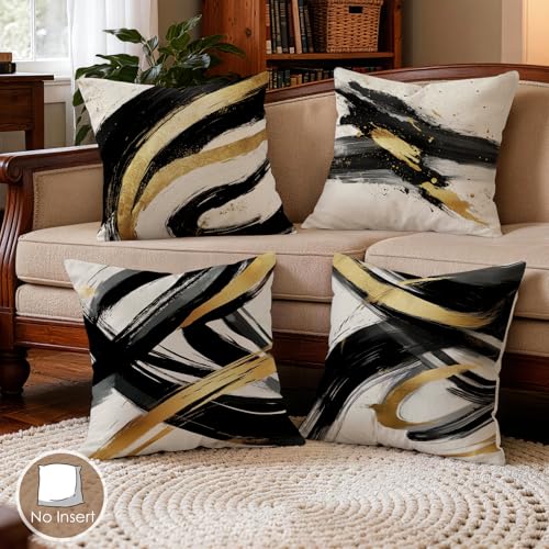 OBSEDE Abstract Black Gold Ink Brush Throw Pillow Covers 18 x 18 Set of 4 - color: Gold Ink Abstract Brushstrokes, size: 18" x 18" (Pack of 4)