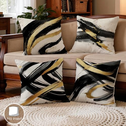 OBSEDE Abstract Black Gold Ink Brush Throw Pillow Covers 18 x 18 Set of 4 - color: Gold Ink Abstract Brushstrokes, size: 18" x 18" (Pack of 4)